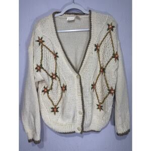 Vintage Cottagecore Swearer Floral Womens Embroidered Cardigan Cream Knit Medium